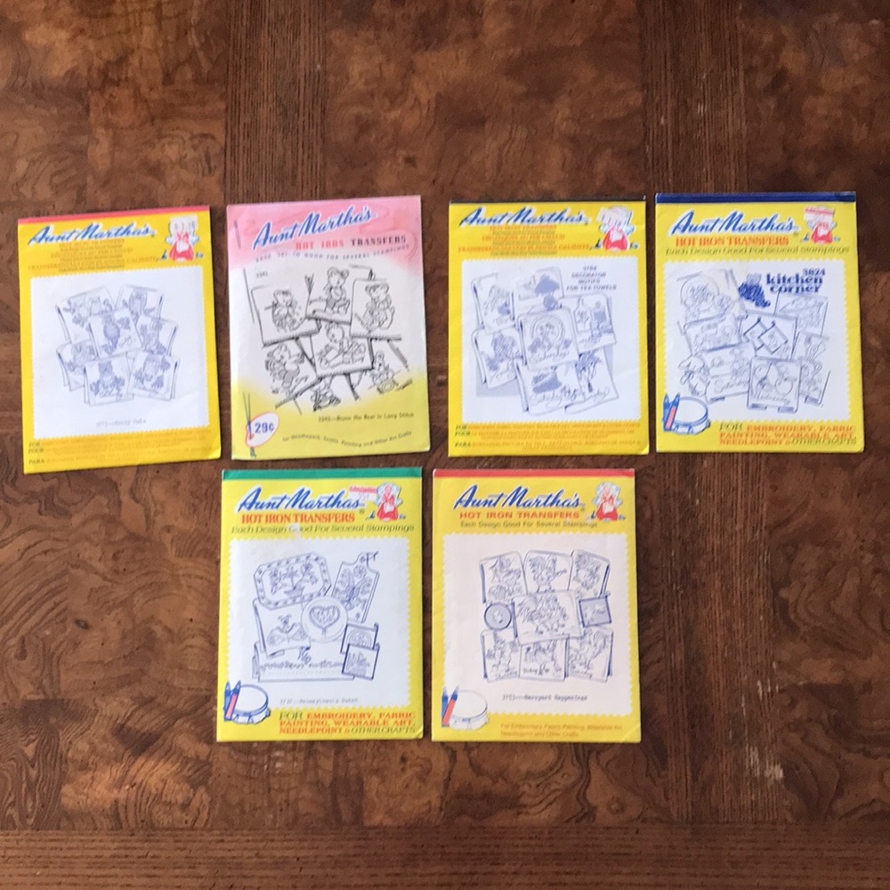 Aunt Martha's Hot Iron On Transfer Embroidery Patterns Bundle of 6